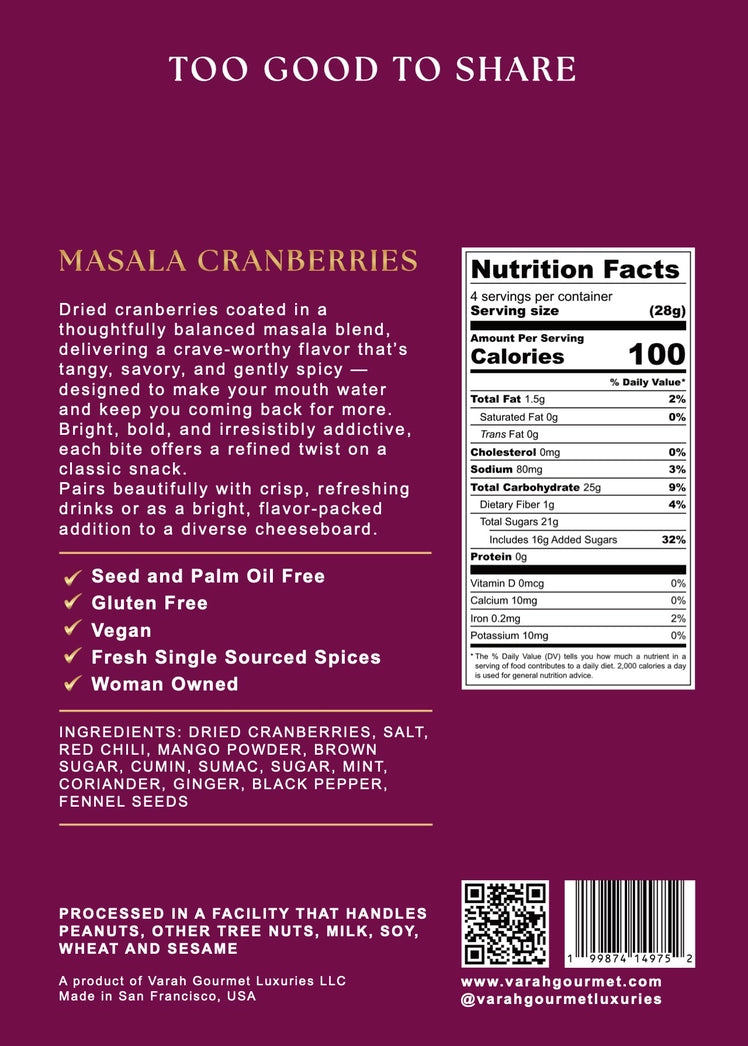 Varah Gourmet - Masala Cranberries - Savory Indian-Spiced Dried Cranberries - 4 oz.
