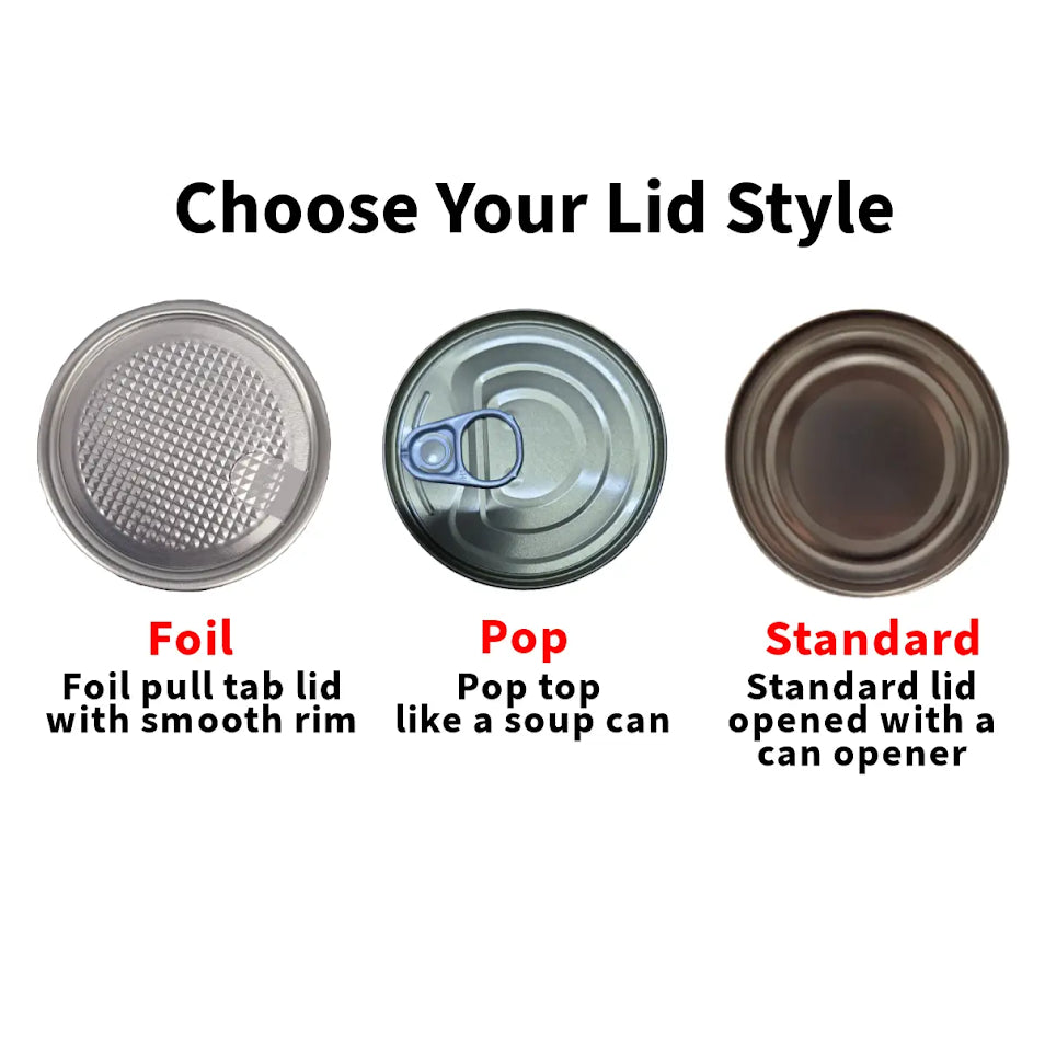 Three types of can lids labeled 'Foil', 'Pop', and 'Standard' on a white background.