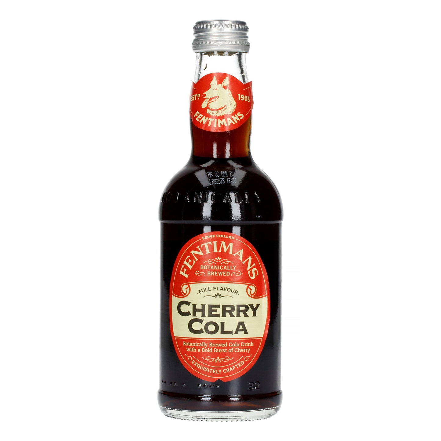 Fentimans Cherry Cola bottle on a white background