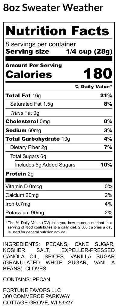 Nutrition facts label for 8oz Sweater Weather product