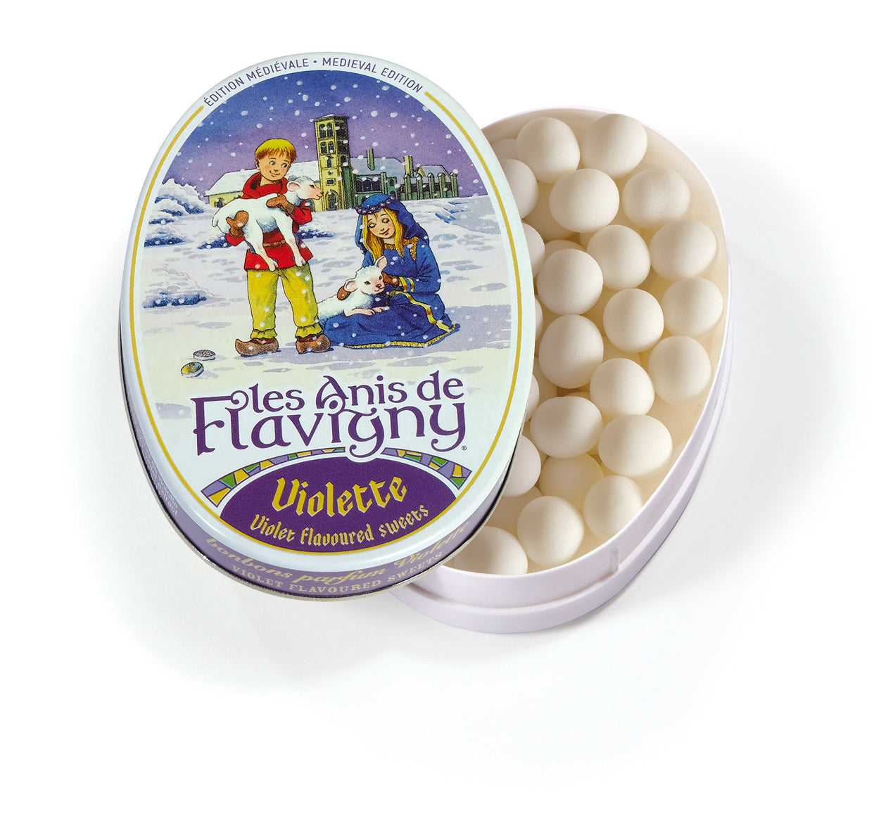 Tin of Les Anis de Flavigny Violette sweets with a winter-themed label on a white background