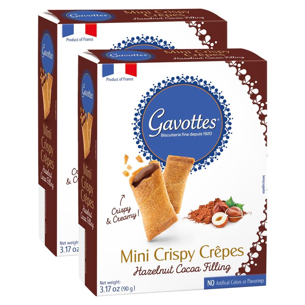 Two boxes of Gavottes Mini Crispy Crepes with hazelnut cocoa filling on a white background.