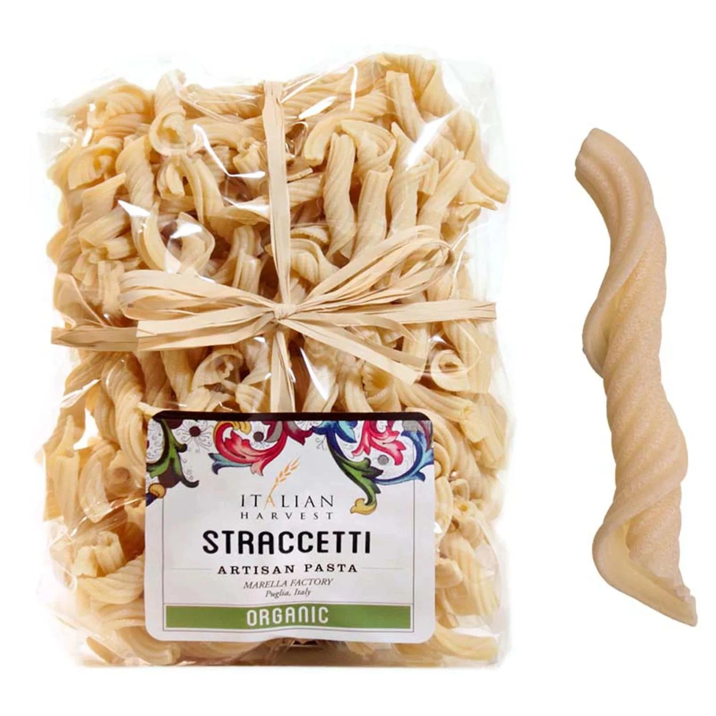 Packaged Straccetti pasta with a close-up of a strand on a white background
