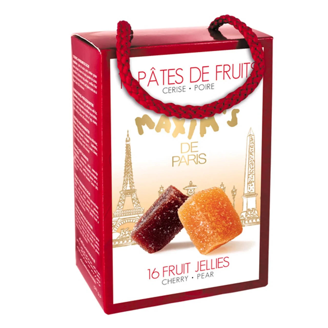 Red packaging of Maxi's de Paris fruit jellies with cherry and pear flavors on a white background.