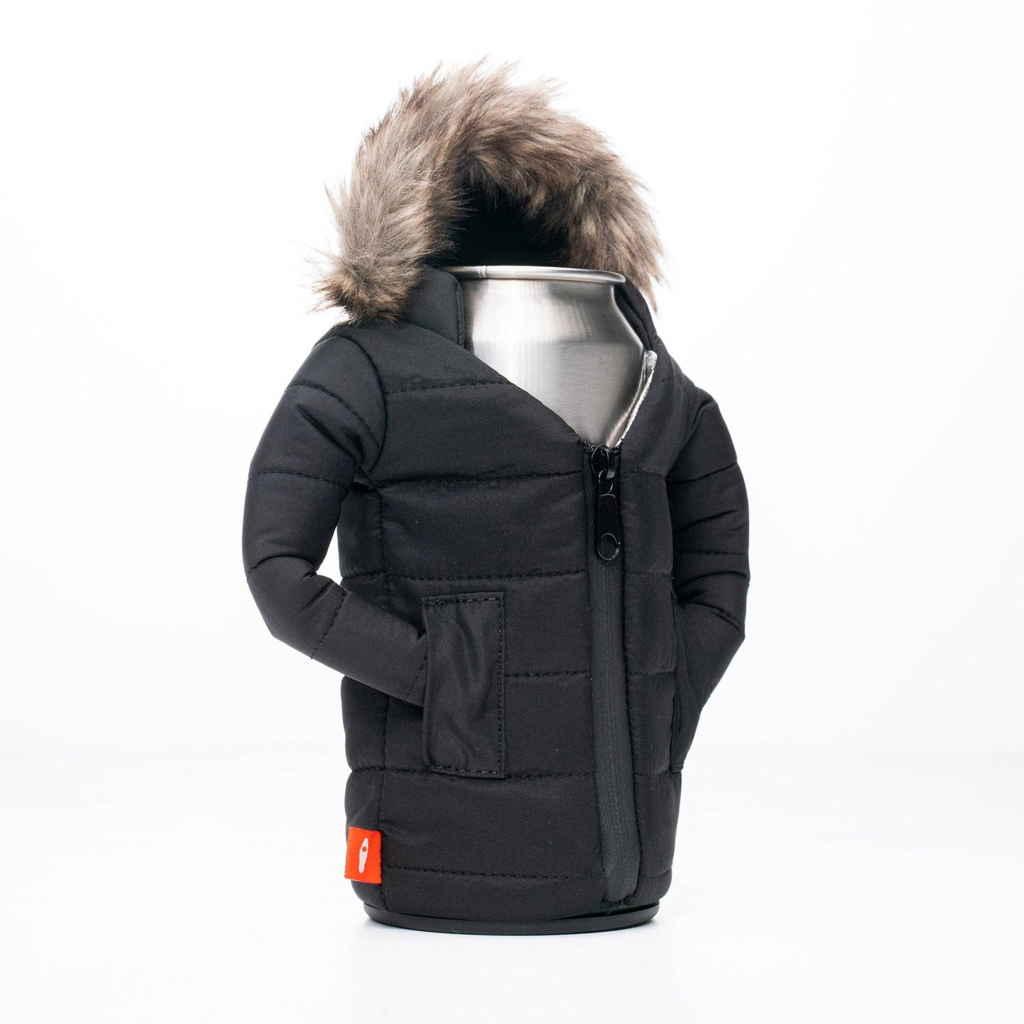 Black winter jacket with fur hood on a white background