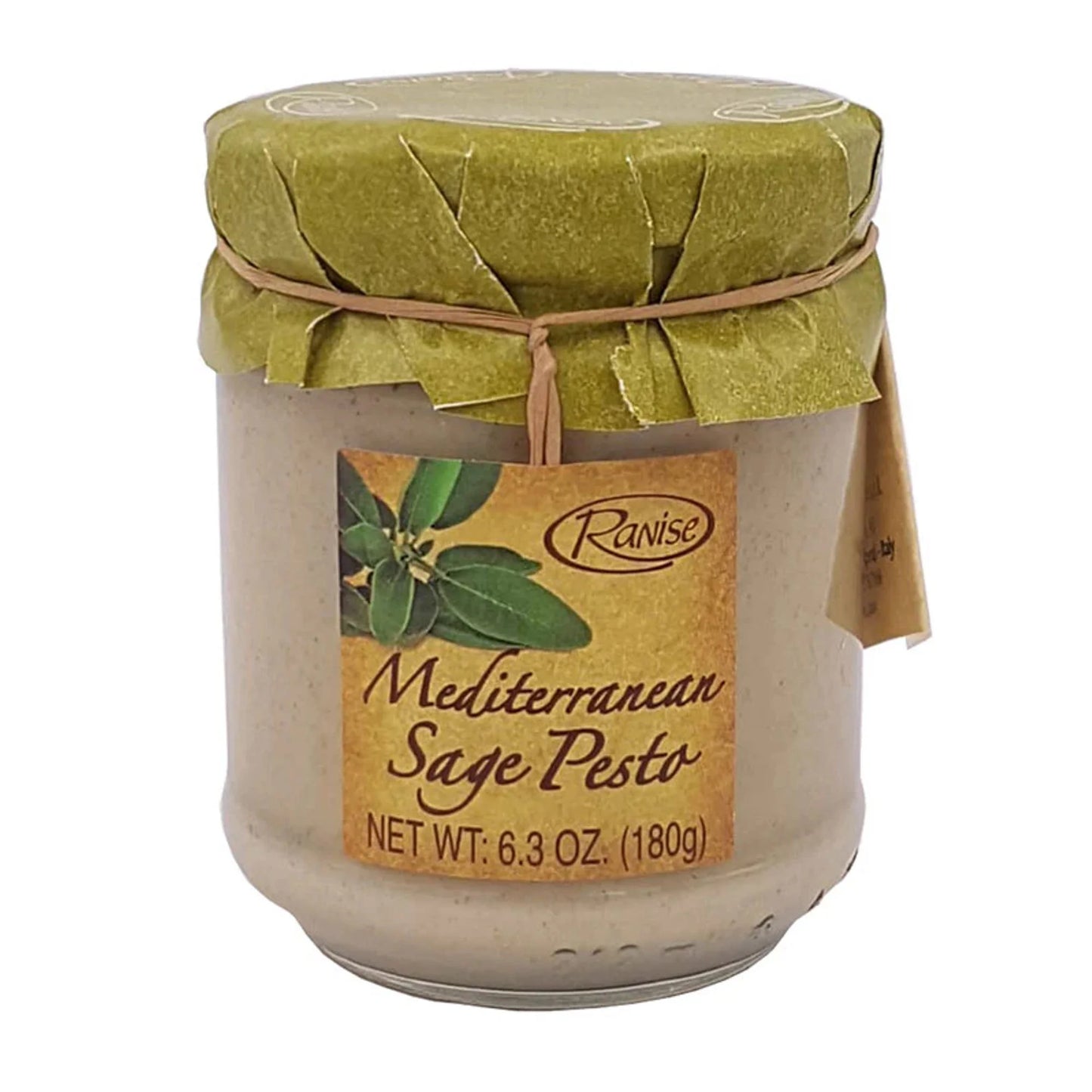 Jar of Mediterranean Sage Pesto with a green lid on a white background