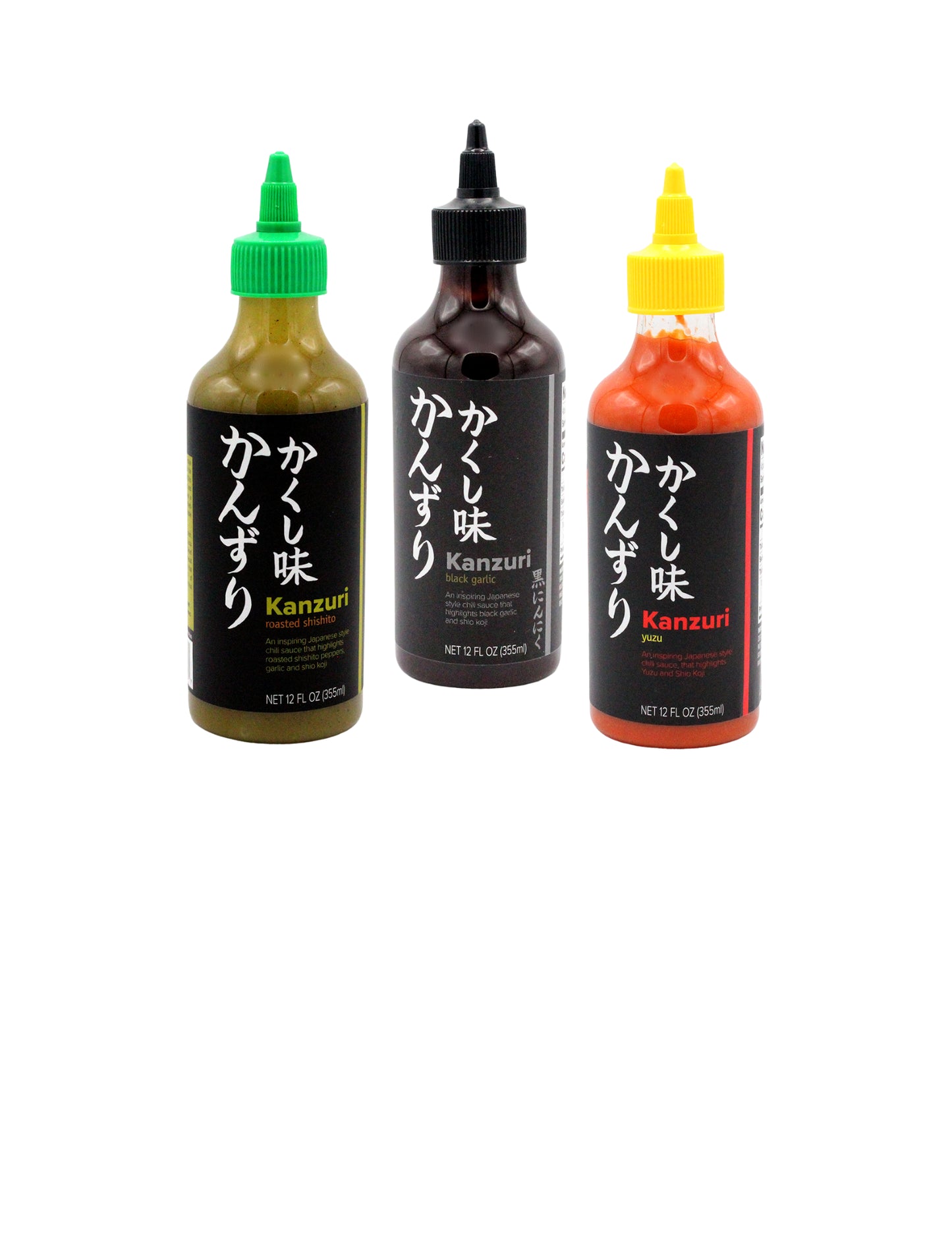 Three bottles of Kanzuri sauce with different colored caps on a white background