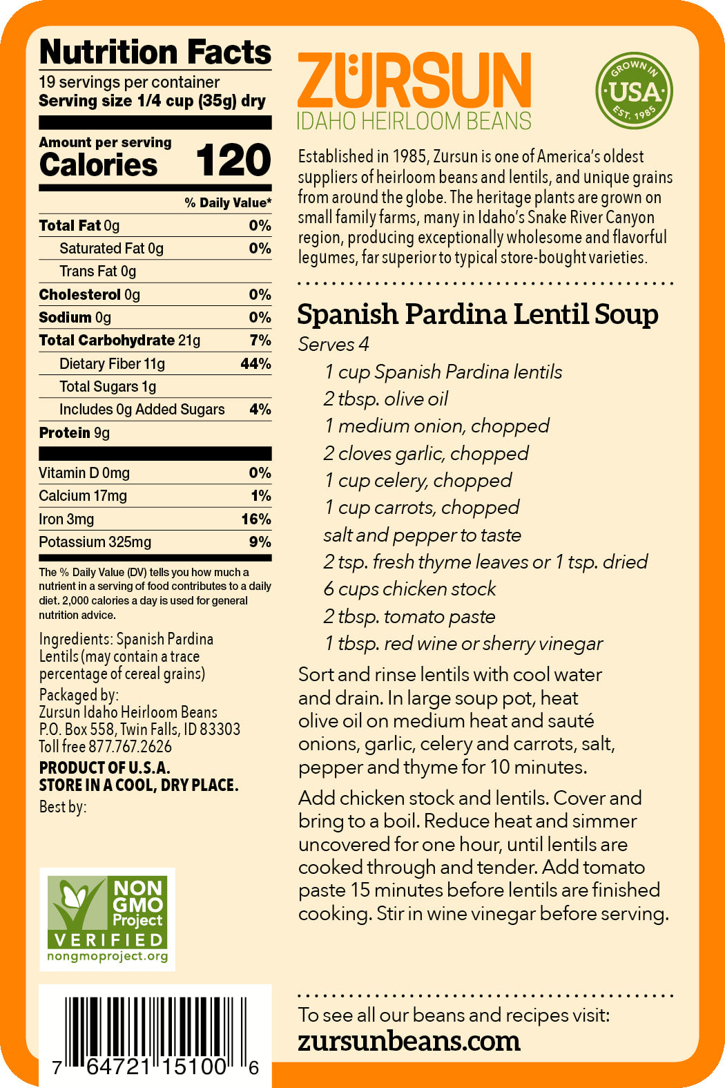 Zursun - Heirloom Spanish Pardina Lentil - 1.5 lb.