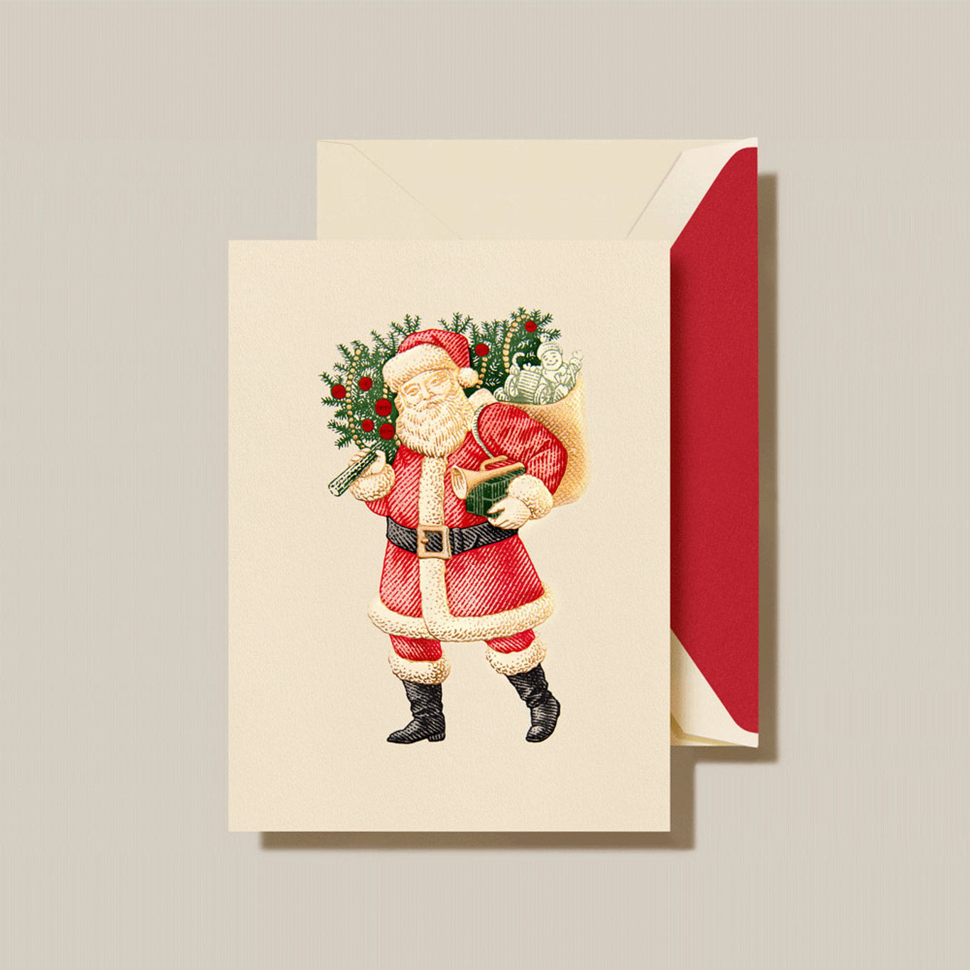 Crane - Classic Santa Christmas Greeting Card - 10 Notes / 10 Red Lined Envelopes