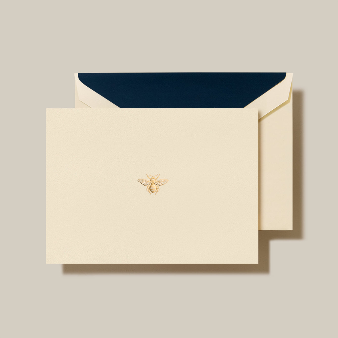Crane - Gold Bee Folded Note - 10 Notes / 10 Navy Lined Envelopes