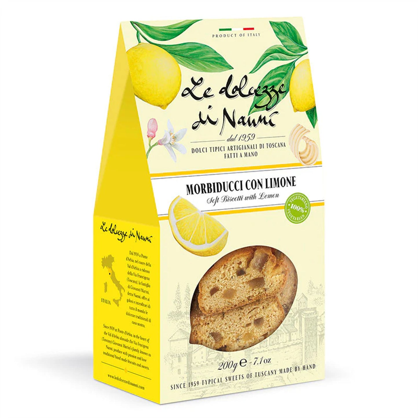 Packaging of Le Dolcezze di Nanni soft biscuits with lemon on a white background