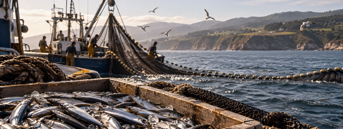 Cantabrian anchovies beside a purse-seine fishing boat off Spain’s northern coast during the 2026 anchovy season.
