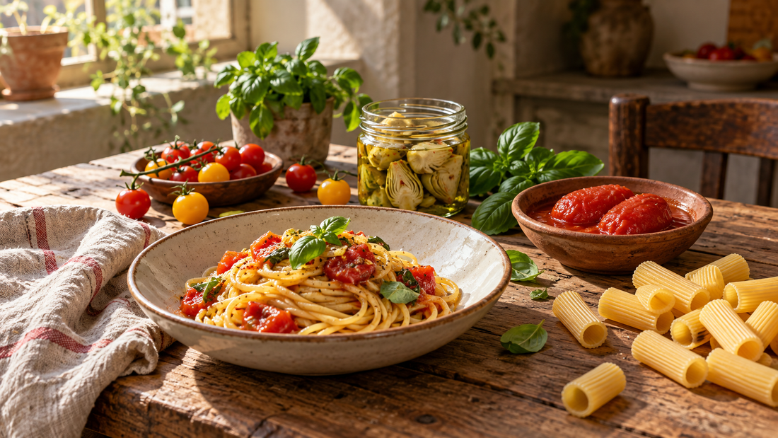Spaghetti with tomatoes and basil beside artichokes, cherry tomatoes and dried pasta on a kitchen table