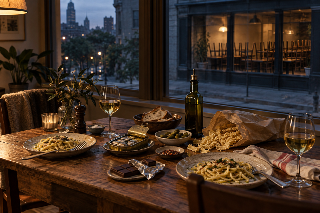 An elegant pantry dinner for two at home with pasta, sardines, olive oil, pickles and chocolate, overlooking a closed restaurant across the street.