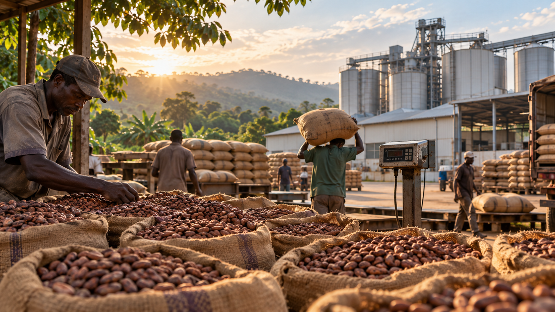 Sacks of Ghanaian cocoa beans at a buying depot with a cocoa-processing facility beyond them, showing the financing and industrial chain between the farm and finished chocolate.