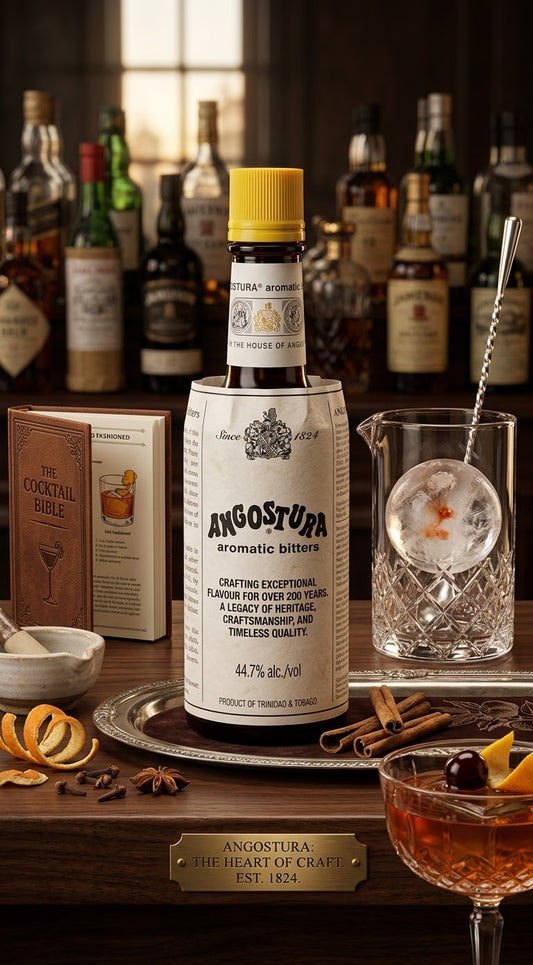 A bottle of Angostura bitters atop a bar