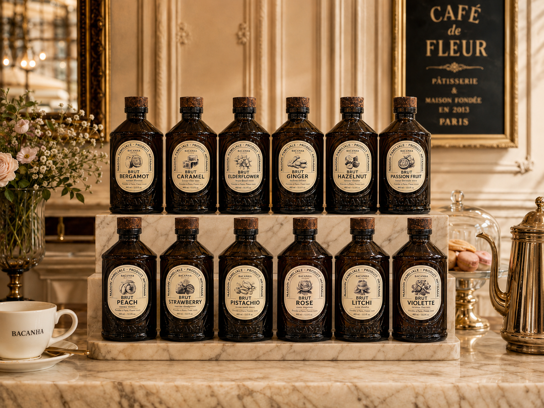 Bacanha Sirop Brut syrup bottles at The Ambrosian Pantry in Denver