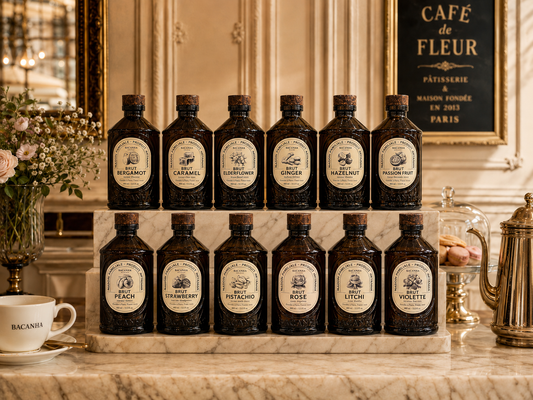 Bacanha Sirop Brut syrup bottles at The Ambrosian Pantry in Denver