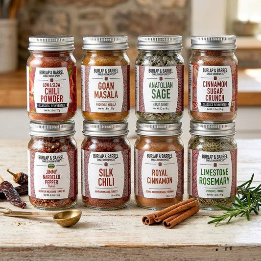 Burlap and Barrel single-origin spices including cinnamon and herbs