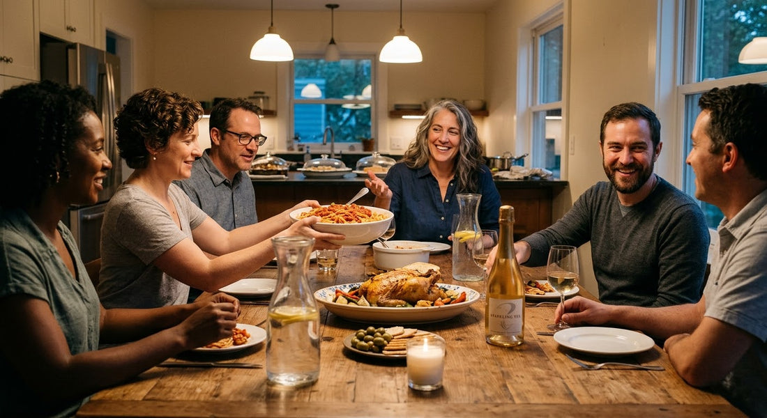 A relaxed dinner party table set with sparkling tea, conservas and pasta