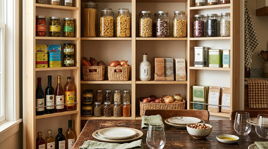 A well stocked dinner party pantry with pasta, beans, conservas, condiments, chocolate and tea