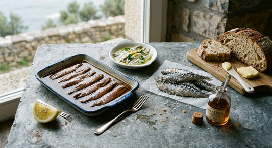 Oil-packed anchovy fillets with boquerones, salt-packed anchovies, bread and lemon