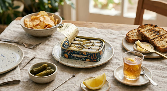 Tinned sardines served with bread, butter, potato chips, lemon and cornichons