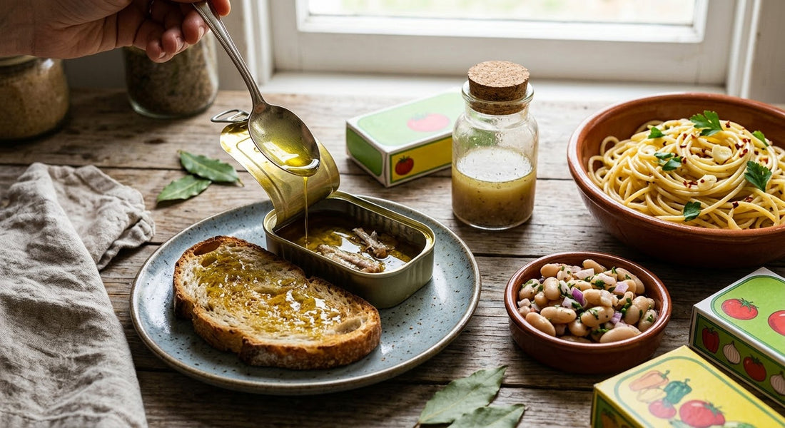 Oil and sauces from tinned fish being used with bread, pasta, vinaigrette and vegetables