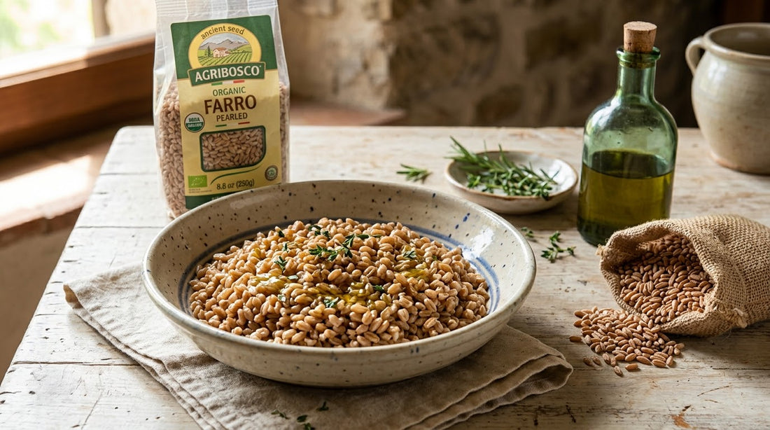 Cooked Italian farro with dry farro grains, herbs and an Agribosco farro package