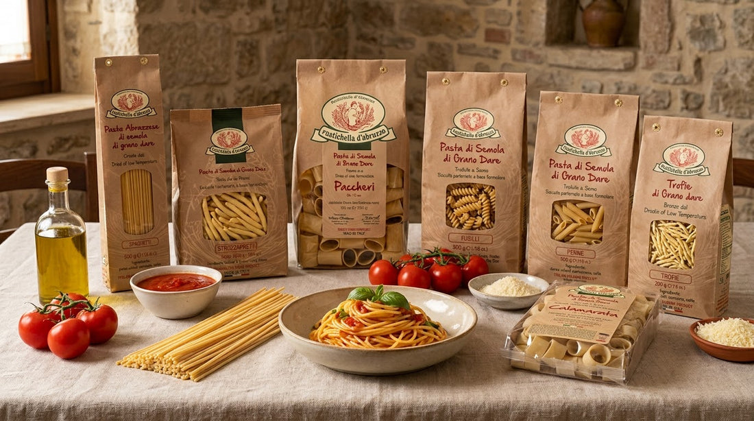 Rustichella d’Abruzzo pasta packages with cooked spaghetti and pasta alla chitarra