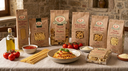 Rustichella d’Abruzzo pasta packages with cooked spaghetti and pasta alla chitarra