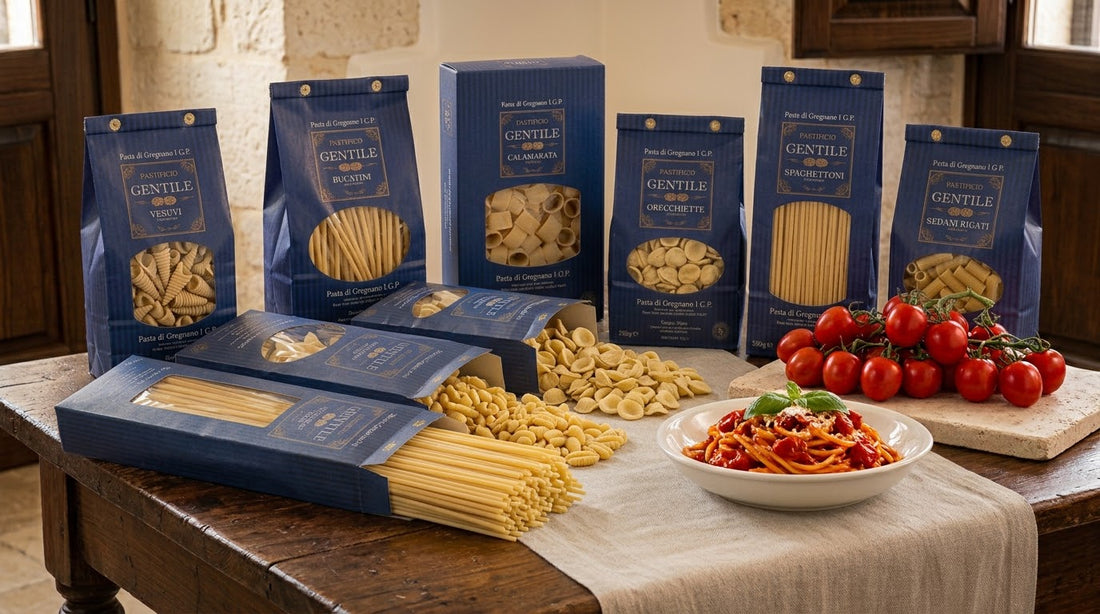 Pastificio Gentile pasta packages with spaghetti and tomatoes