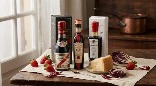Balsamic vinegar from Modena poured beside Parmigiano-Reggiano, strawberries and radicchio