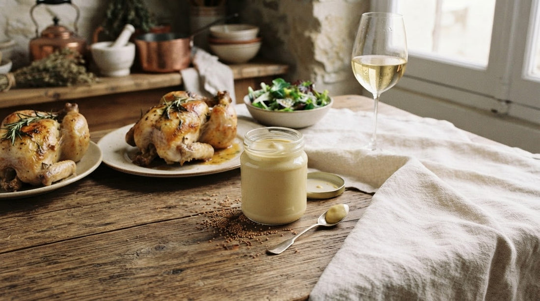 Dijon mustard with mustard seeds, roast chicken, vinaigrette and a Burgundy wine glass