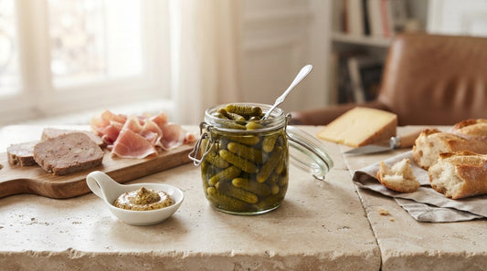 French cornichons served with pâté, charcuterie, cheese and Dijon mustard
