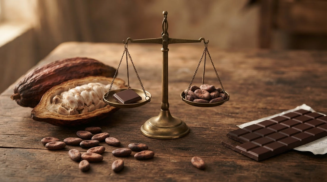 A single square of dark chocolate on a brass scale beside a heap of dried cocoa beans, a broken cacao pod and a handwritten column of figures on a scrap of paper, in low warm light