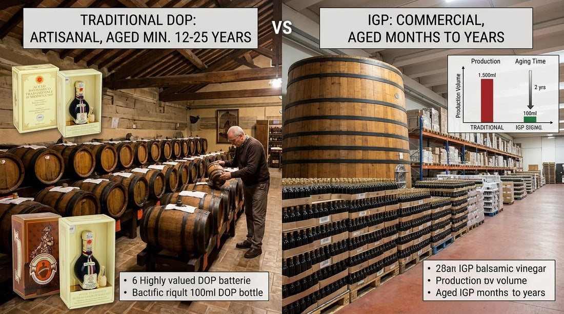 Traditional balsamic vinegar bottles and wooden ageing barrels in a Modenese acetaia, illustrating the enormous scale difference between DOP and IGP balsamic.