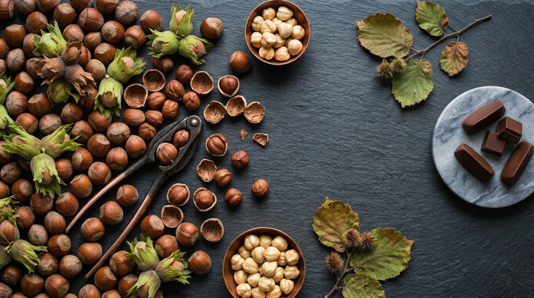 Fresh hazelnuts beside pieces of gianduia chocolate, illustrating the hazelnut supply chain from harvest to confectionery.