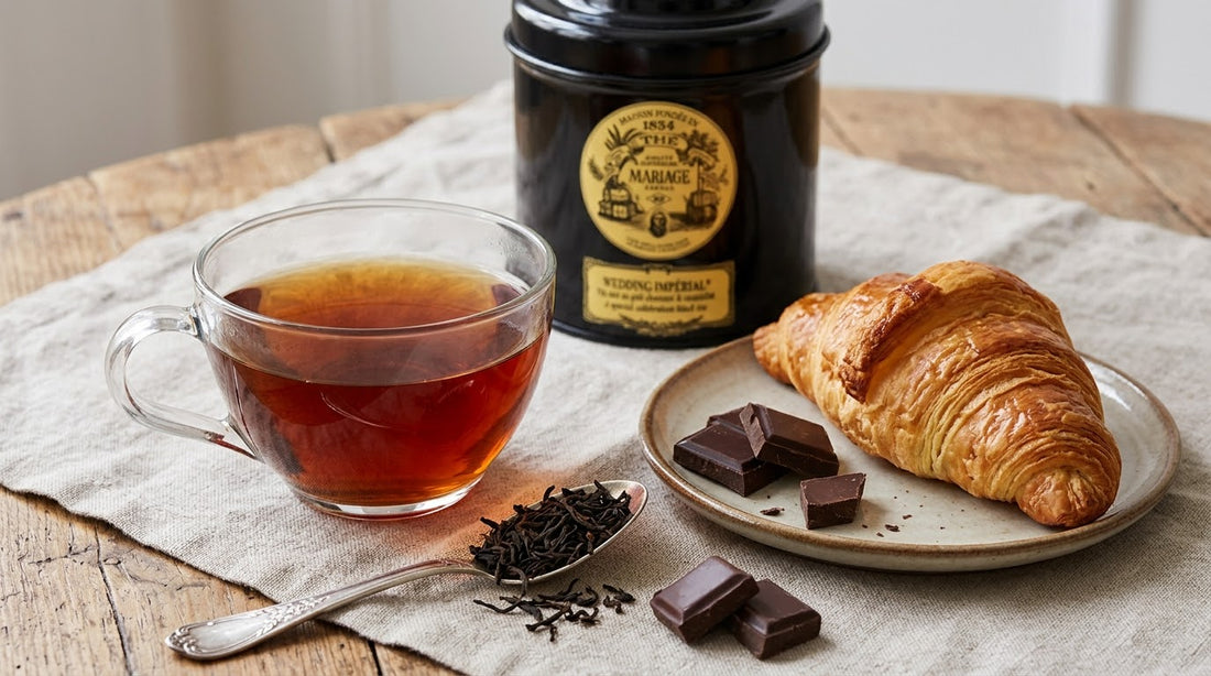 Mariage Frères Wedding Impérial black tea with loose Assam leaves, dark chocolate and a caramel pastry pairing