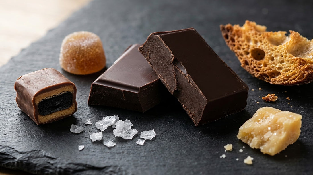 Dark chocolate snapped cleanly beside layered licorice, a foamy gummy, flaky salt, crusty bread and aged cheese showing contrasting food textures.
