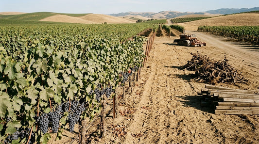     Ripe wine grapes in a California vineyard beside rows being cleared as growers reduce vineyard acreage.