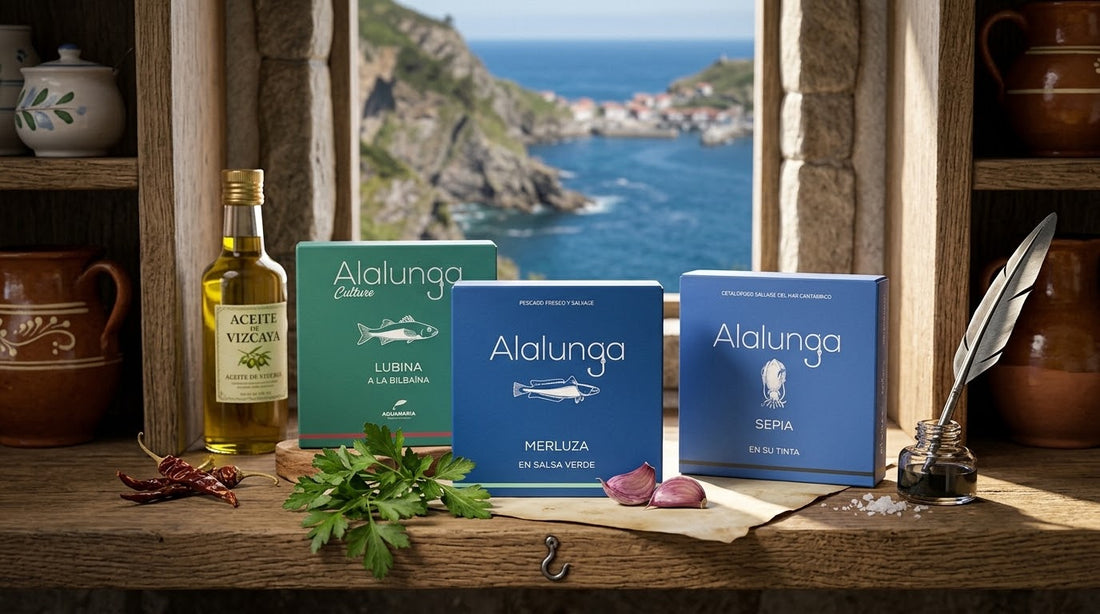 Alalunga tins in a window