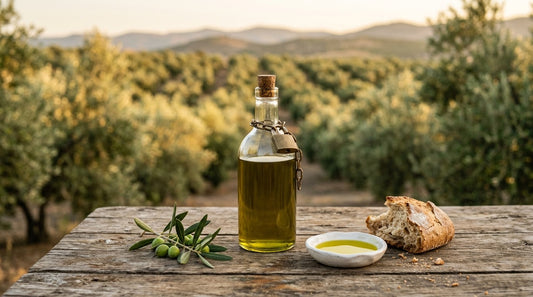 An unlabeled glass bottle of green-gold olive oil with a small brass padlock and chain looped around its neck, beside a shallow dish of oil and an olive branch, on a weathered wooden table with rows of olive trees behind