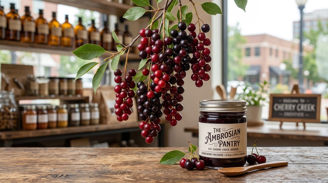 Clusters of dark red and deep purple wild chokecherries hanging centrally above a rustic wooden counter next to a jar of preserve in a brightly lit boutique pantry store.
