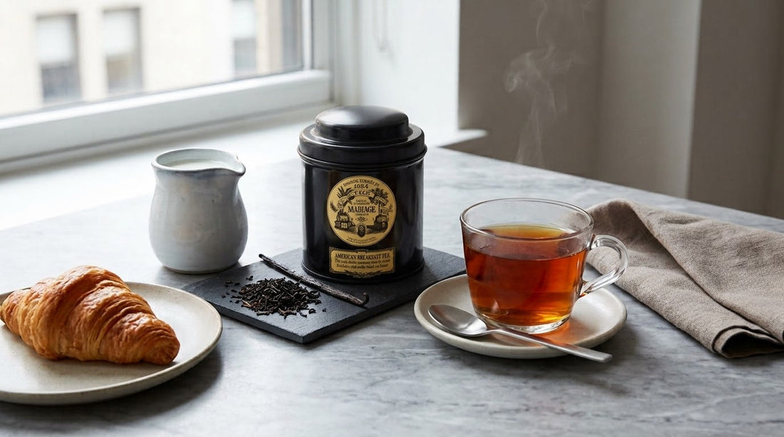 Mariage Frères American Breakfast Tea with amber black tea and a small pitcher of milk