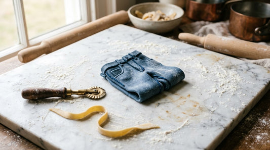 Handmade pasta shaped like miniature clothing, illustrating fashion’s growing fascination with labor-intensive food art.