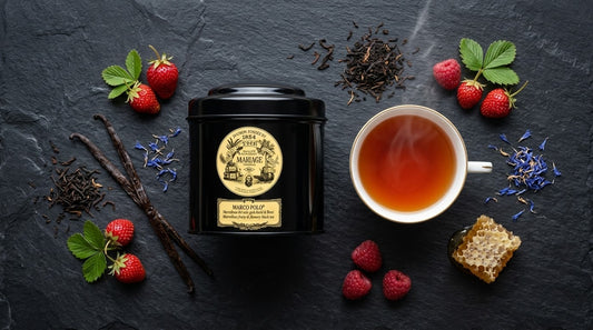 Mariage Frères Marco Polo black tea canister beside a freshly brewed cup of tea