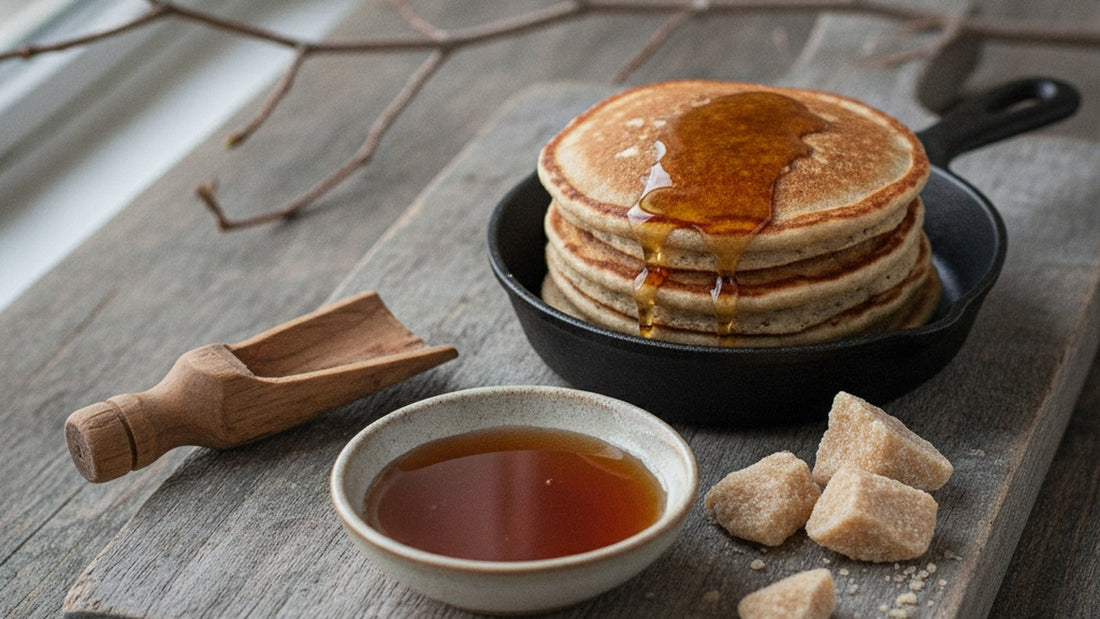 A shallow dish of amber maple syrup beside buckwheat pancakes in a cast-iron pan, with a carved wooden spout and broken pieces of maple sugar on a weathered board in late-winter light