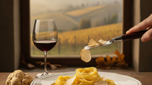 Paper-thin shavings of fresh white truffle falling onto a plate of buttered thin egg pasta on a worn wooden table, with a whole knobbly truffle and a steel slicer beside it in low autumn light.