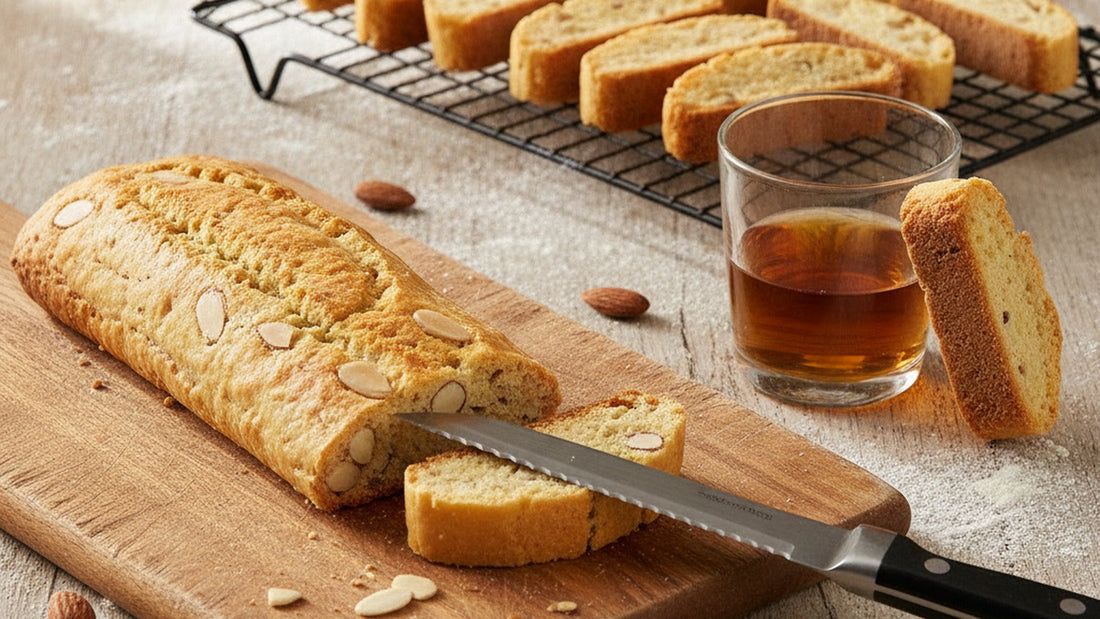A wooden board with a half-sliced biscotti log and a serrated knife, golden sliced biscotti studded with whole almonds cooling on a wire rack behind it